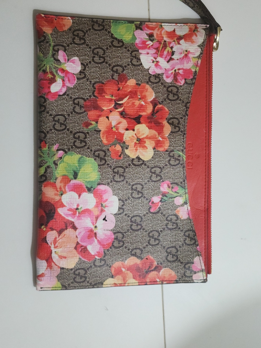 Gucci Floral GG Canvas Pouch with Coral Red Trim